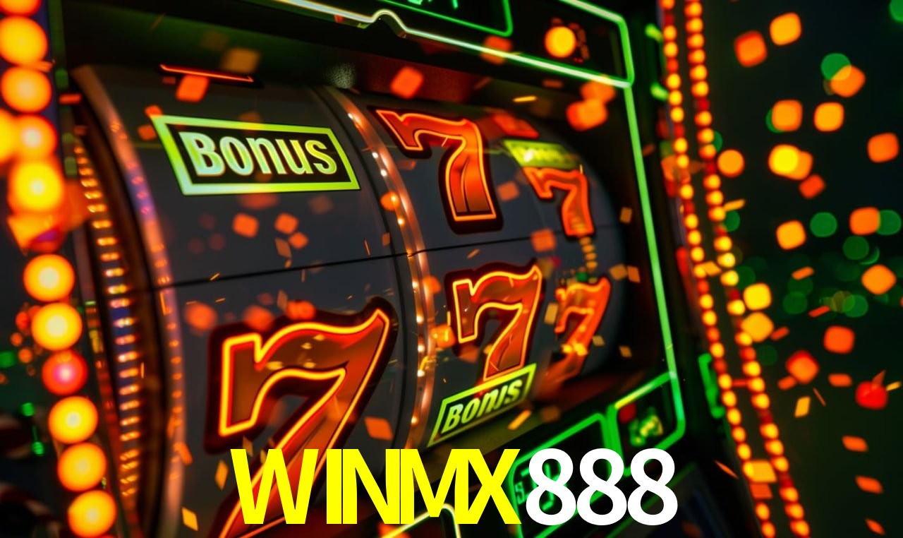 Una escena digital vívida inspirada en casino con WINMX888 mostrado prominentemente, luces brillantes, fichas, cartas y acentos dorados.