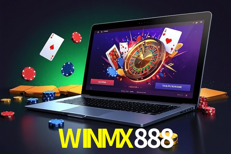 Escena dinámica inspirada en casino con iluminación WINMX888, cartas, fichas e íconos de juegos digitales en un espacio moderno de juegos.